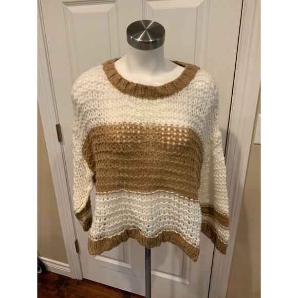 Free People Brown & White Striped Chunky Knit Crew Neck Sweater, Size Small - Picture 1 of 6